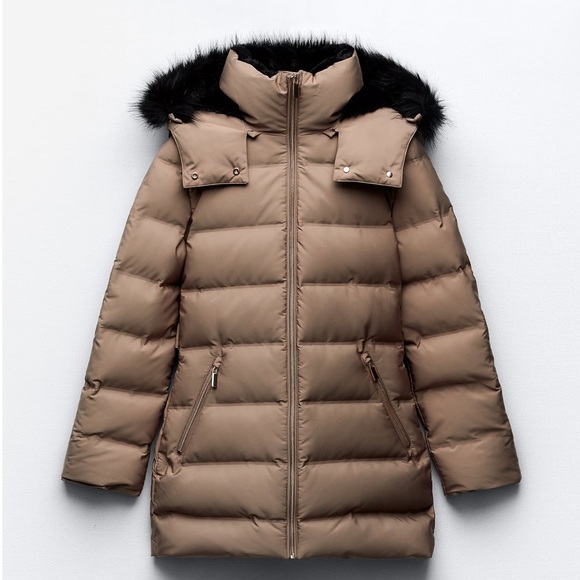 ZARA LONGLINE HOODED QUILTED FEATHER AND DOWN COAT - Picture 1 of 13